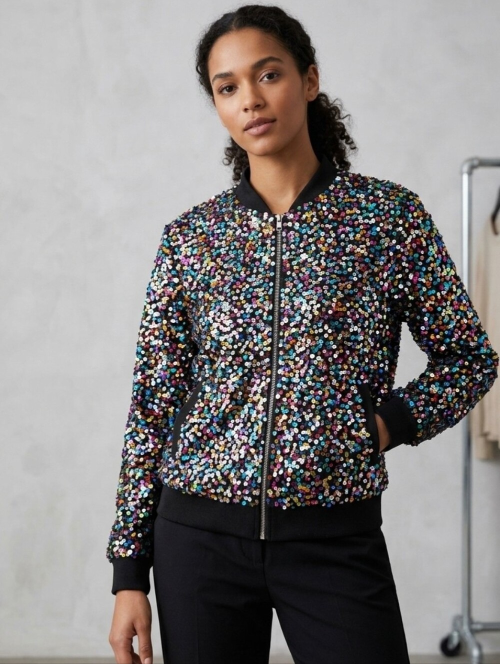 Multicolor Sequin Bomber Jacket - Sparkle Party Coat